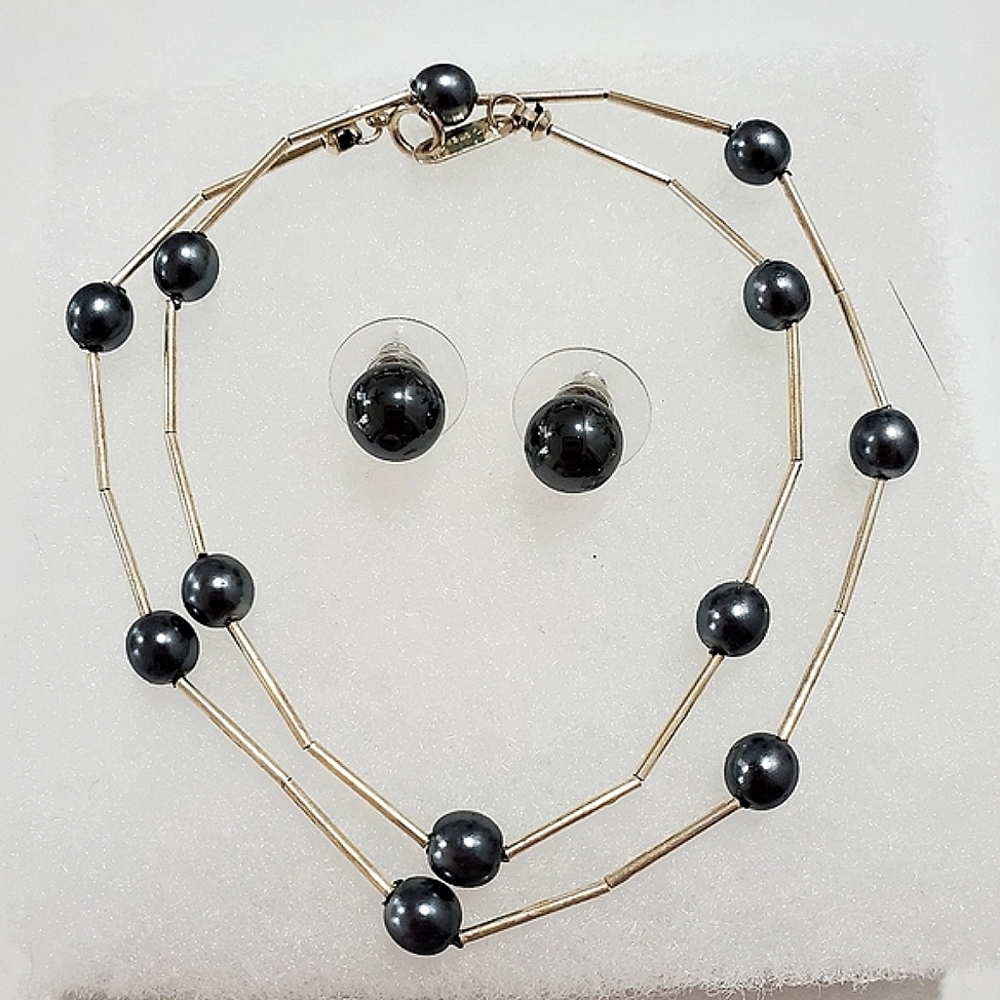 925 Liquid Silver Hematite Necklace & Earring Set With Bonus Bracelet